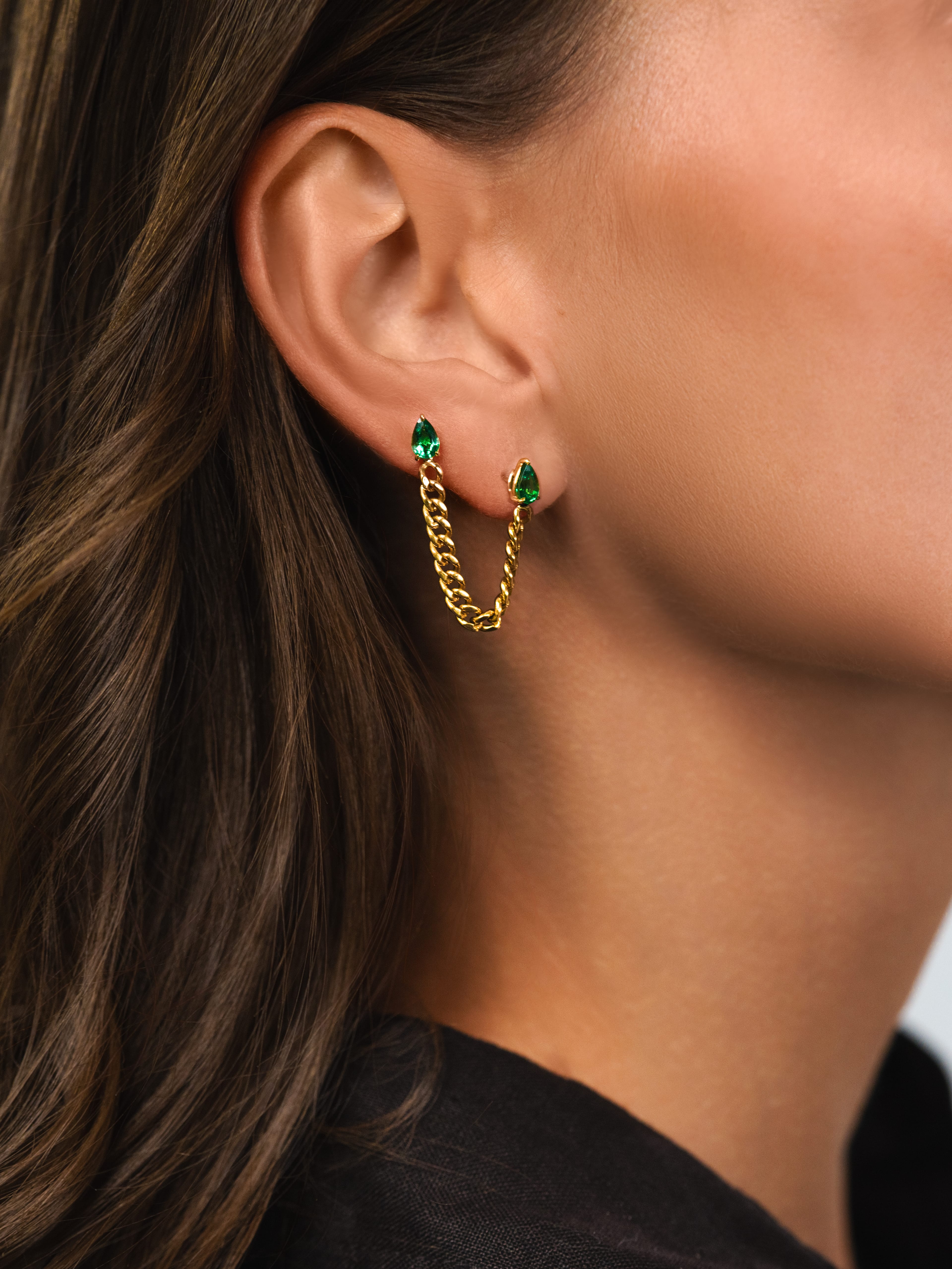 Pear Emerald Cuban Chain Two Hole Earrings